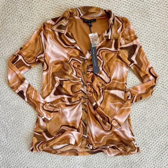 Jane and Delancey Tops - Jane + Delancey M Mesh Marbled Button Up Blouse Long Sleeve Ruched Casual Shirt